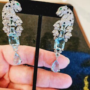925 Sterling Silver Leopard and Sea Blue CZ Drop Earrings